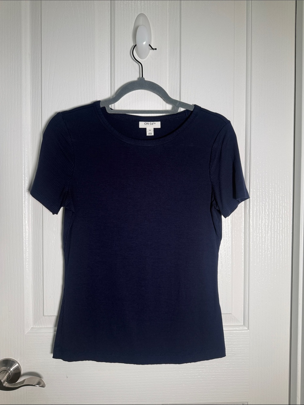 On 34th Navy Ribbed Short Sleeve Shirt Created for Macy’s - Women’s Size Medium